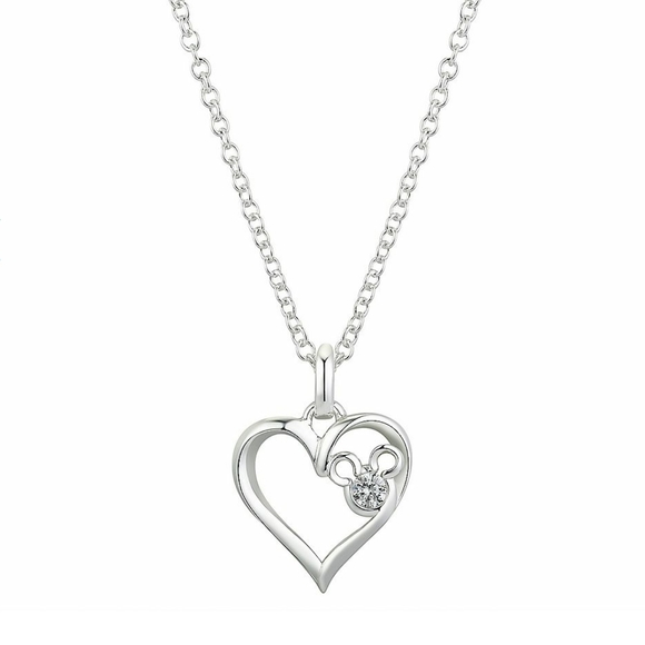 Disney's Mickey Mouse I Love Mickey Silver Cubic Zirconia Heart Necklace NWT - Picture 1 of 12